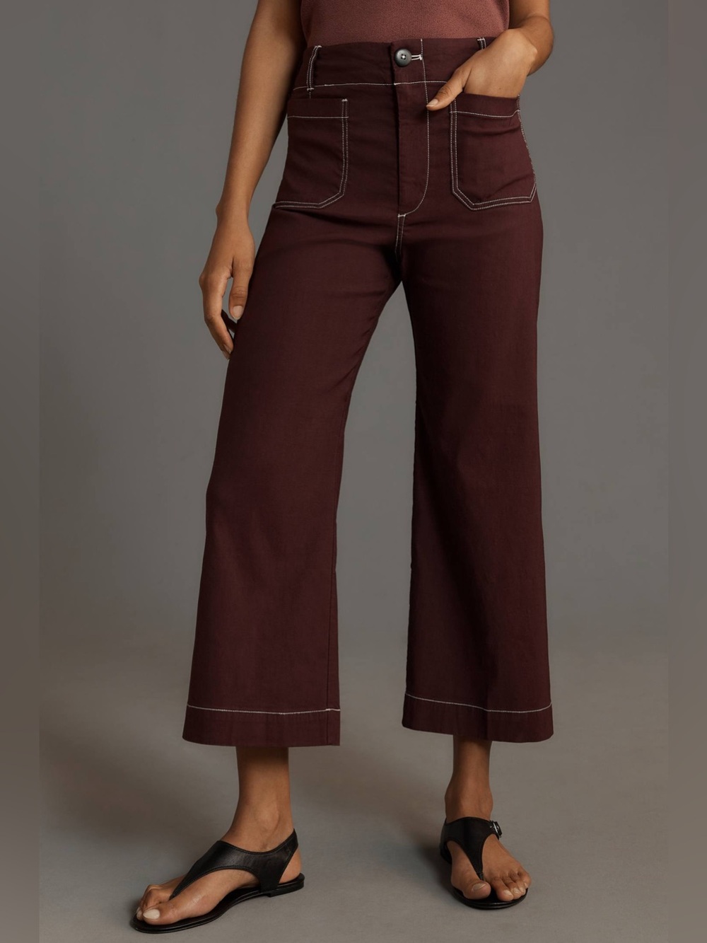 Anthropologie Maeve The Colette Crop Wide Leg Pant 28 Burgundy Wine Minimalist - Picture 2 of 12